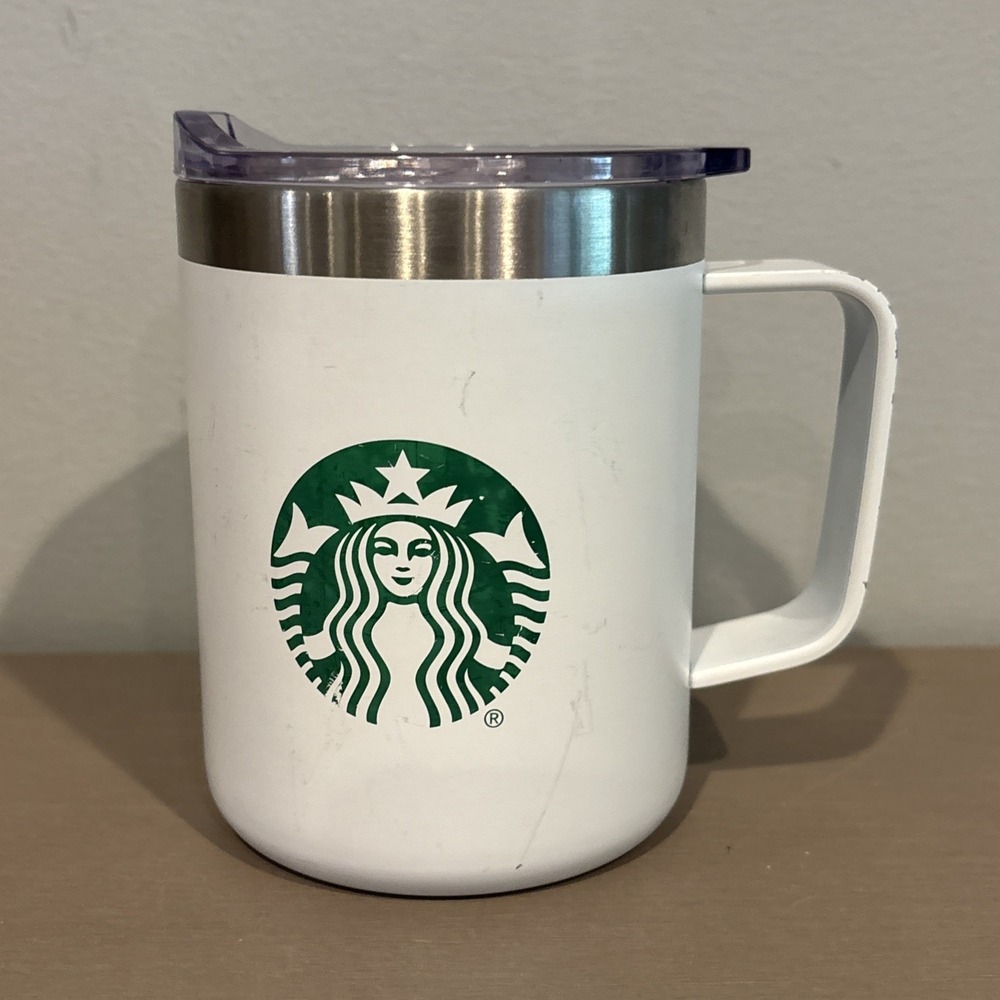 STARBUCKS 2020 Stainless Travel Mug White w/ Green Logo Double Wall Handle